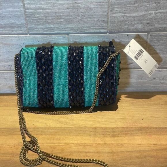 NWT Anthropologie Preppy Beaded Clutch Purse Navy Turquoise Stripe - Picture 6 of 13